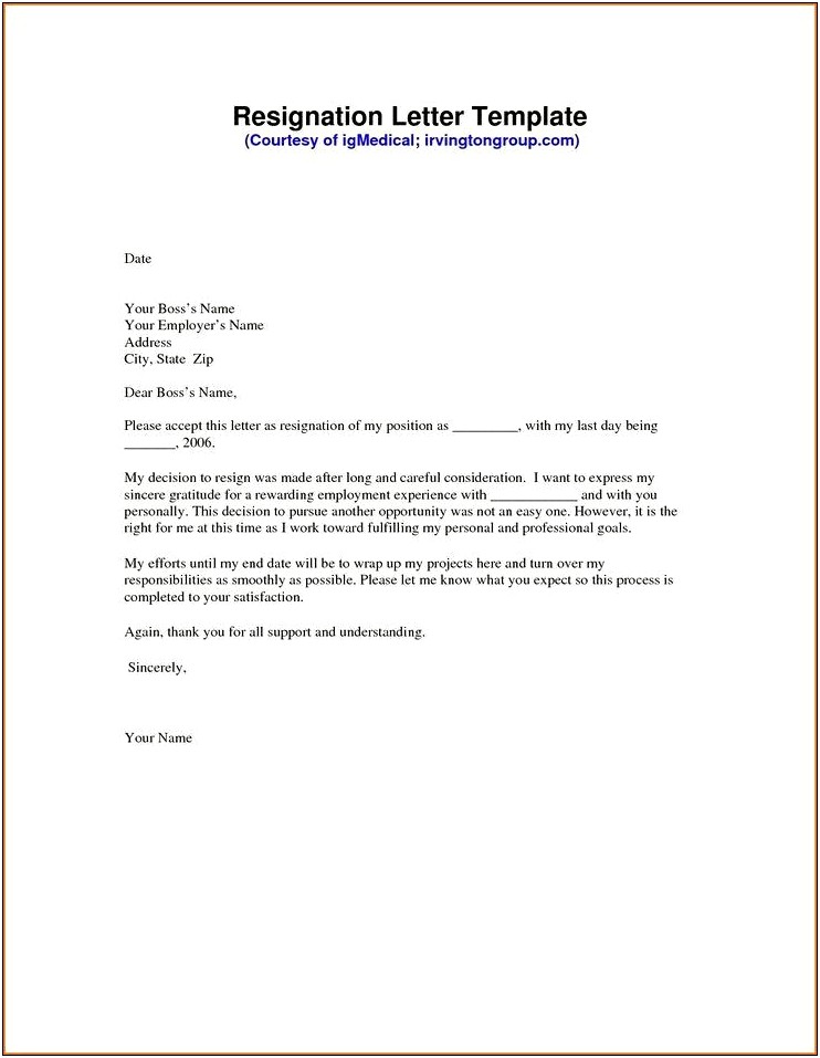 Resignation Letter Template End Of Contract