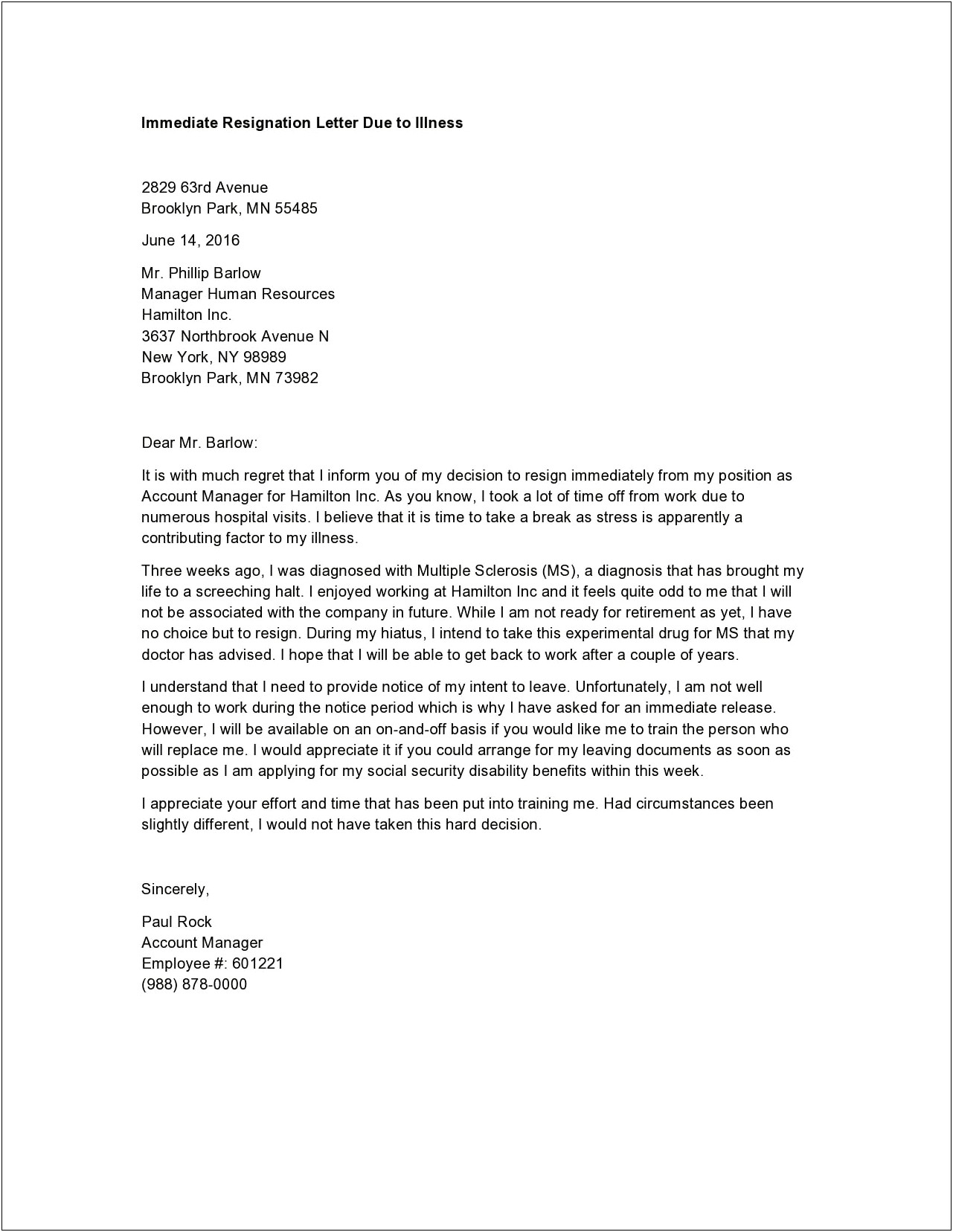 Resignation Letter Template For Health Reasons