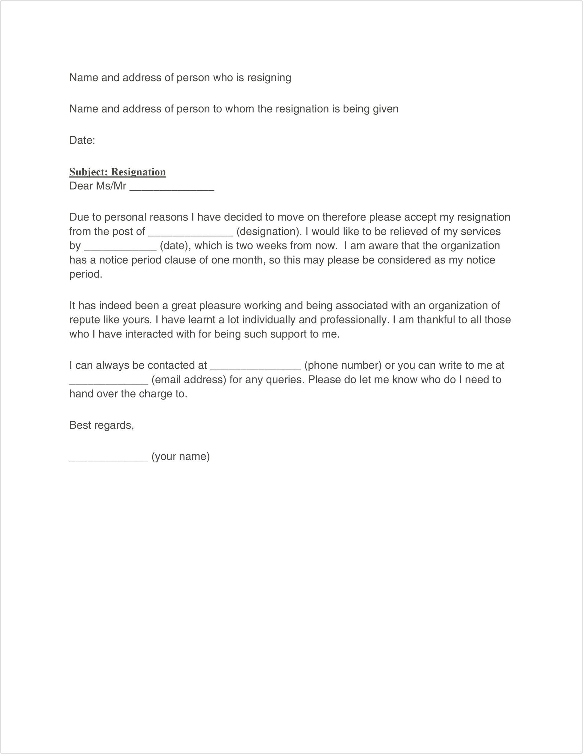 Resignation Letter Template Four Weeks Notice