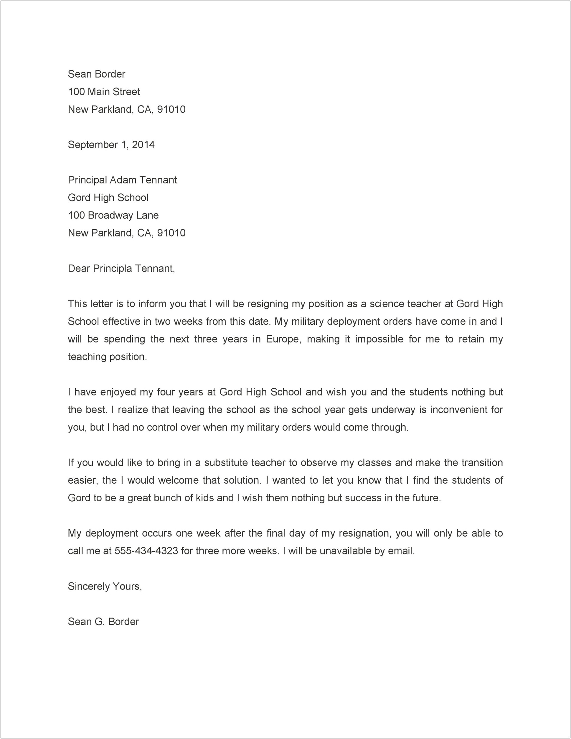 Resignation Letter Template From A Teacher Position