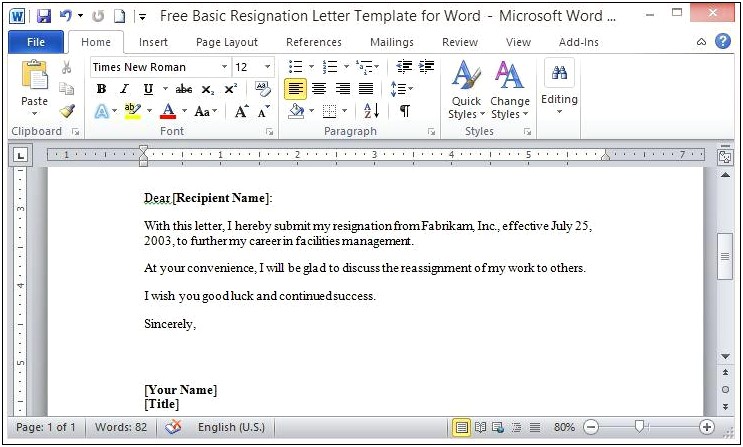 Resignation Letter Template In Microsoft Word