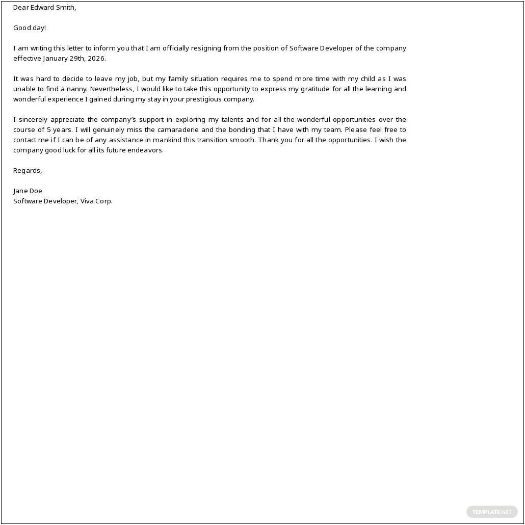 Resignation Letter To Child Care Template