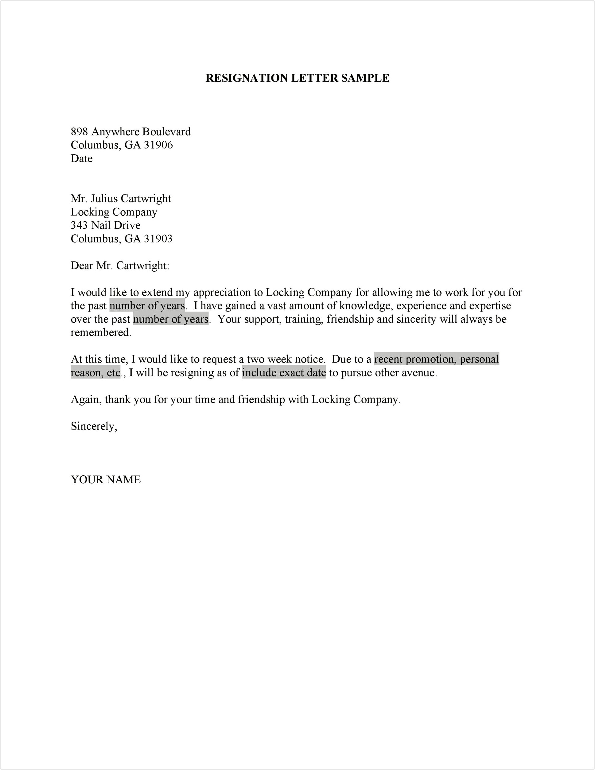 Resignation Letter Two Week Notice Template Word