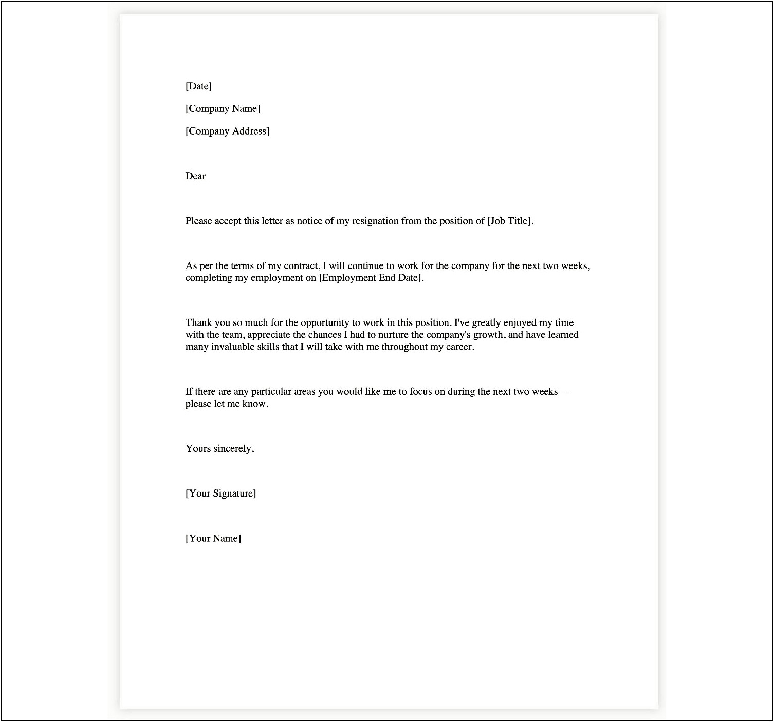 Resignation Letter Two Week Notice Template