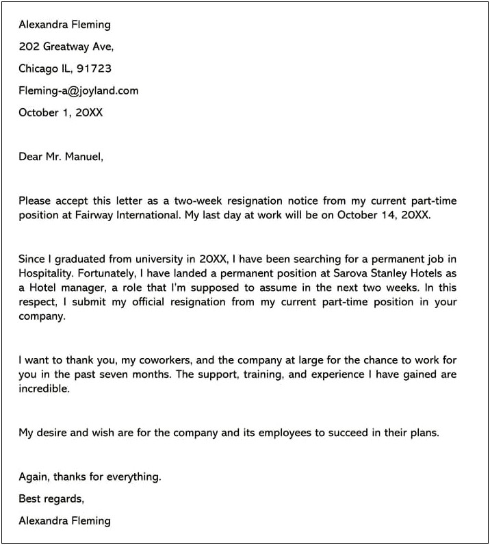 Resignation Letter Two Weeks Notice Template
