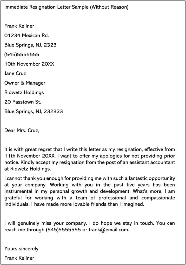 Resignation Letter With Immediate Effect Templates