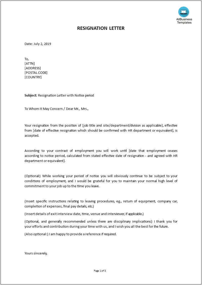 Resignation Letter With Notice Period Template