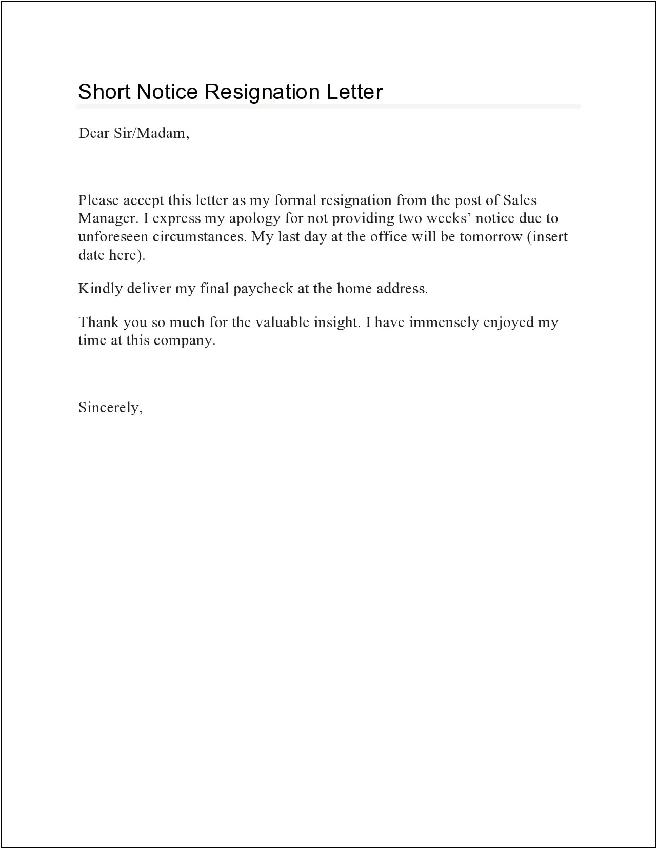 Resignation Letter With Two Weeks Notice Template