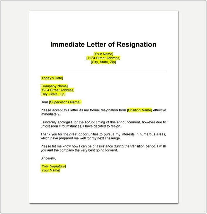 Resignation Letter Without Notice Template Negative Circumstances