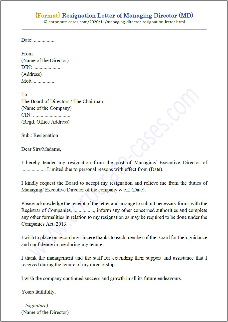 Resigning From The Board Of Directors Letter Template