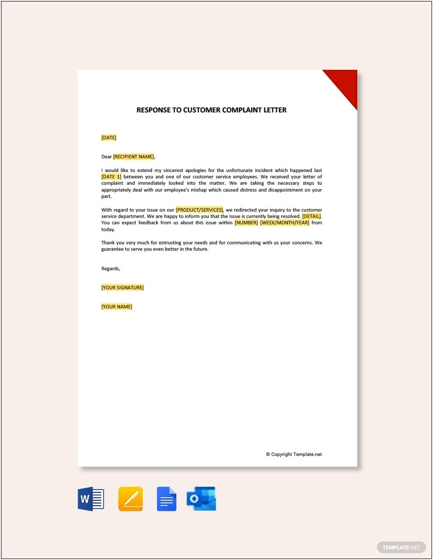 Responding To Customer Complaint Letter Template