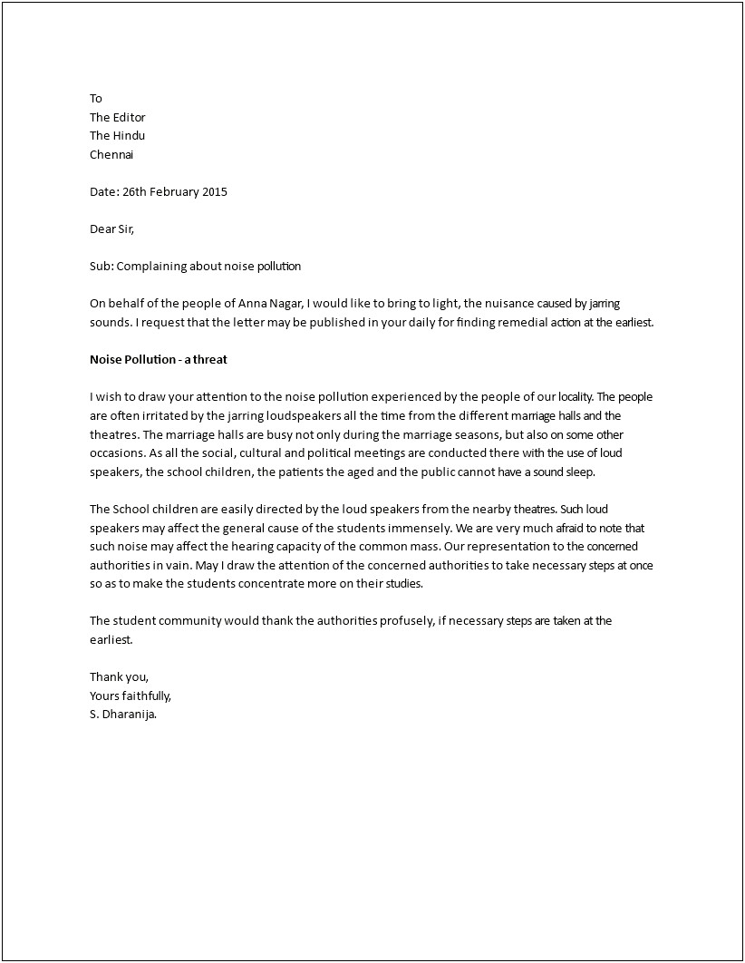 Response To Noise Complaint Letter Template