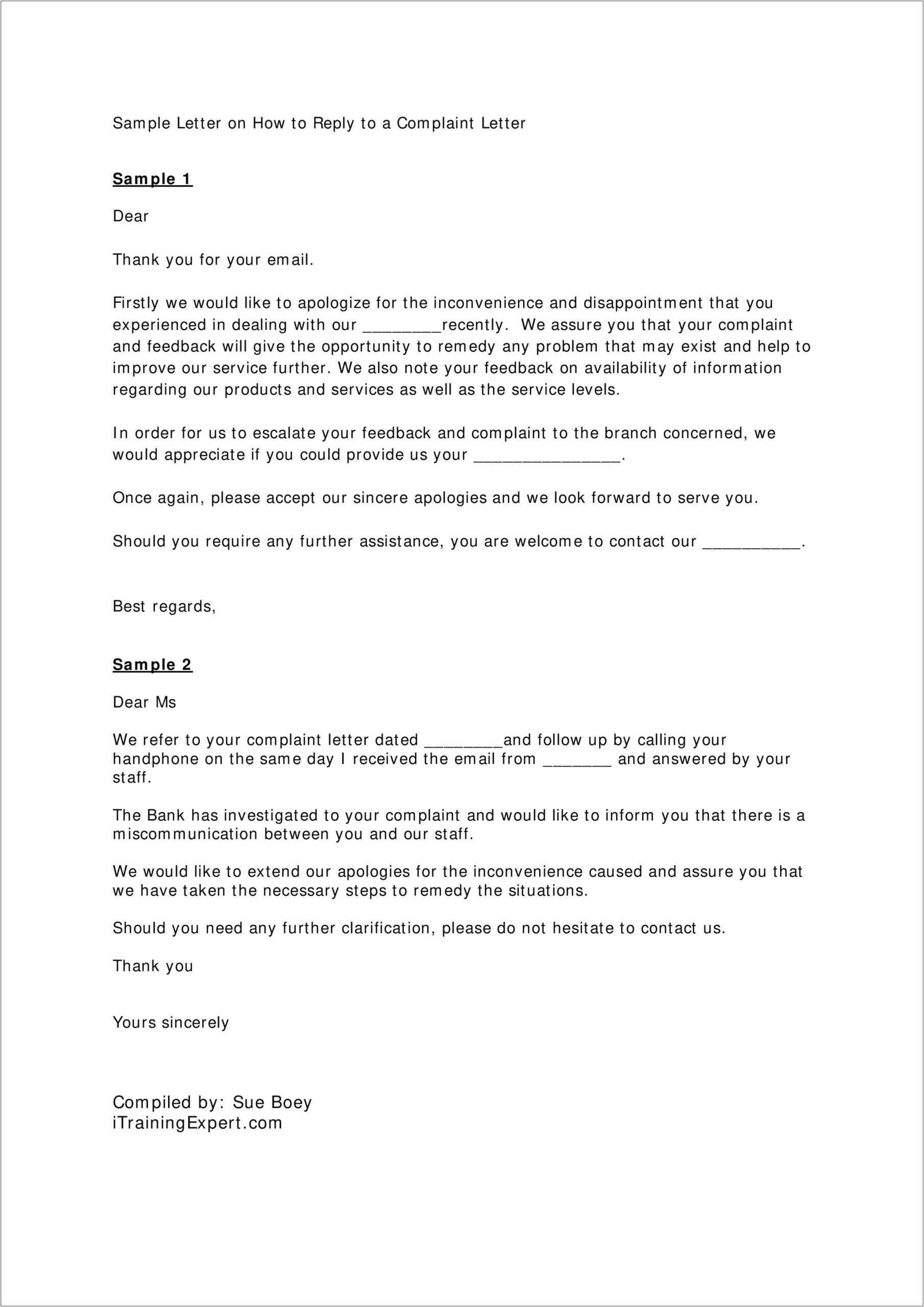 Response To Patient Complaint Letter Template