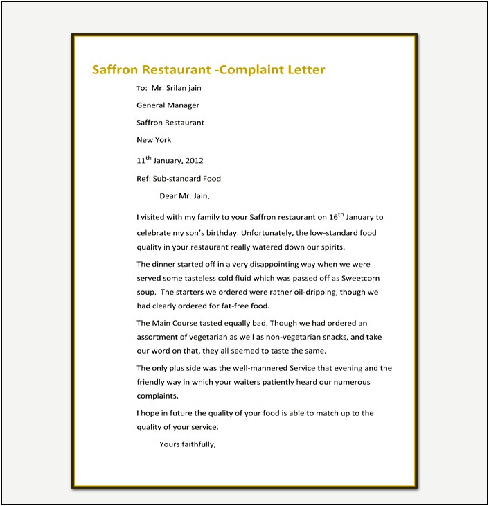 Restaurant Customer Complaint Response Letter Template