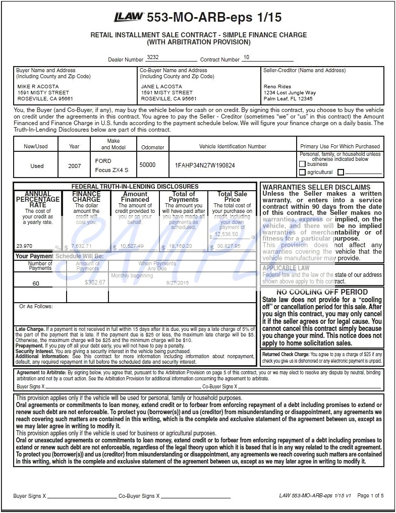 Retail Installment Sales Contract Word Template