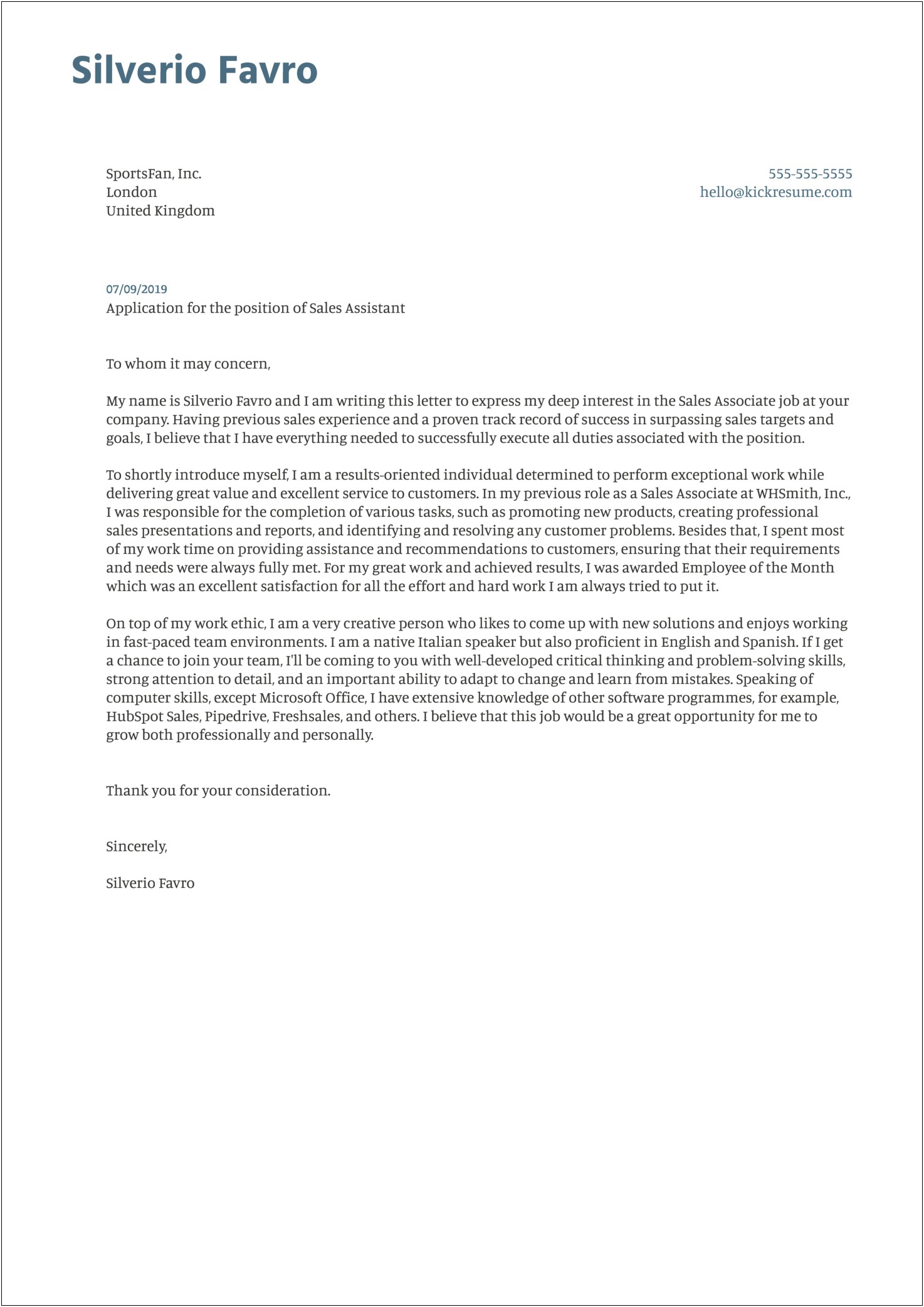 Retail Sales Assistant Cover Letter Template