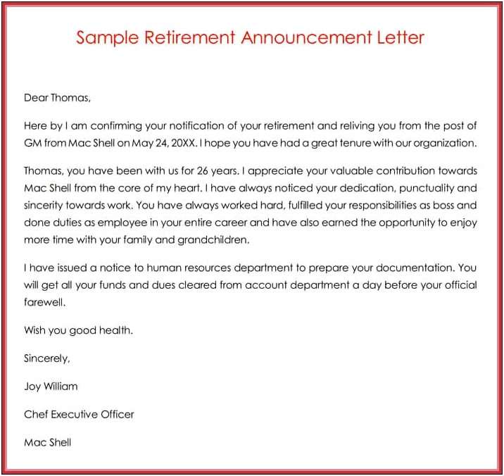 Retirement Letter From Employer To Employee Template