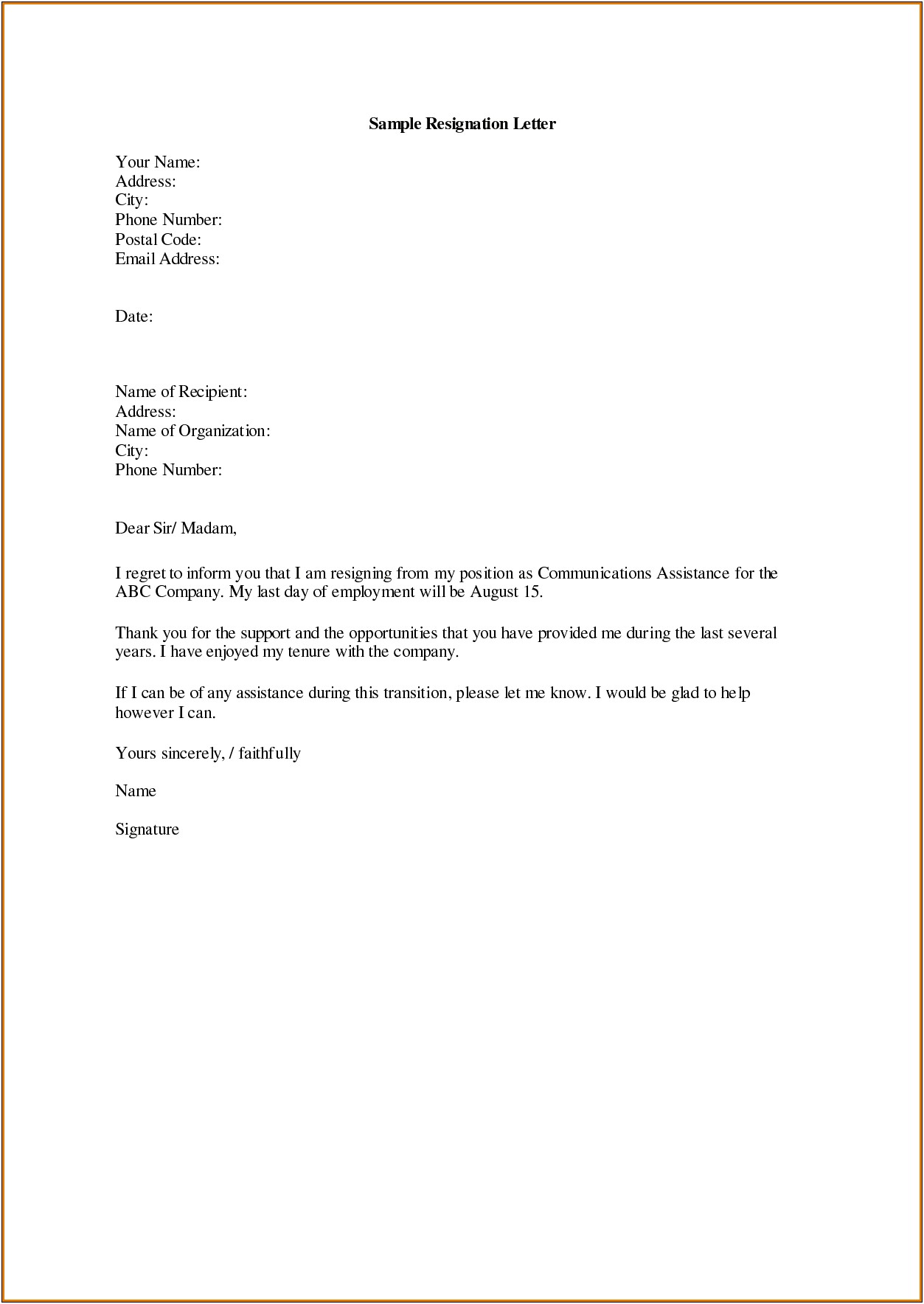 Retirement Letter Template To Employer Uk