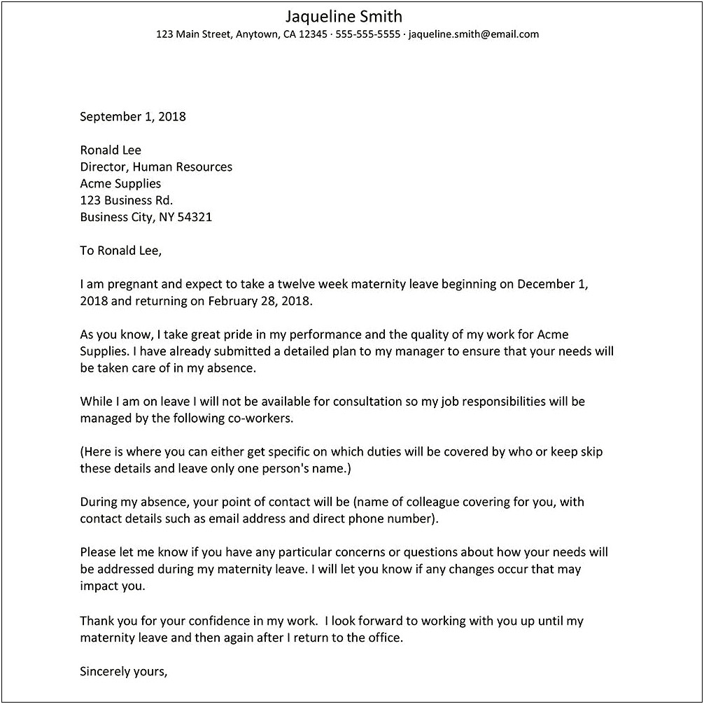 Return From Maternity Leave Letter Template