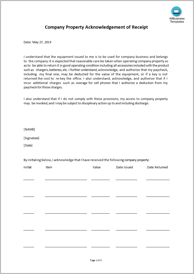 Return Of Company Property Adknowledgement Letter Template