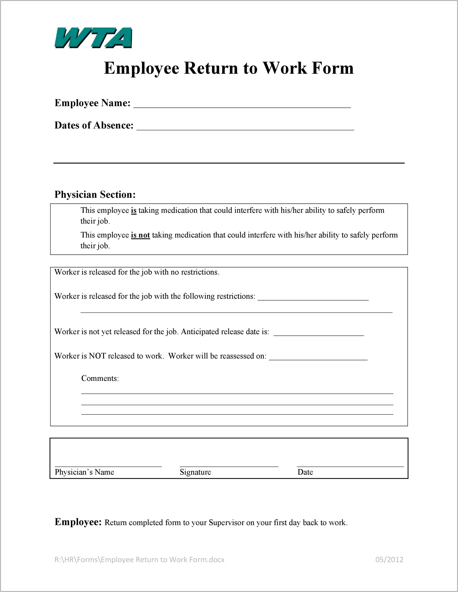 Return To Work Letter From Doctor Template