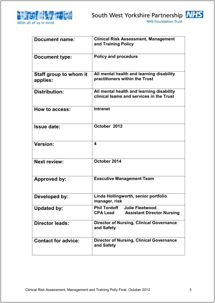 Risk Management Plan Mental Health Template