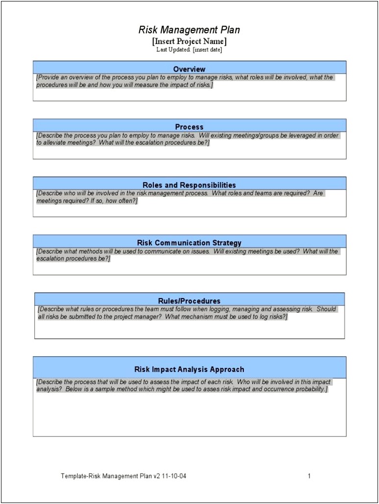 Risk Management Plan Templates Responsibilities Methodology