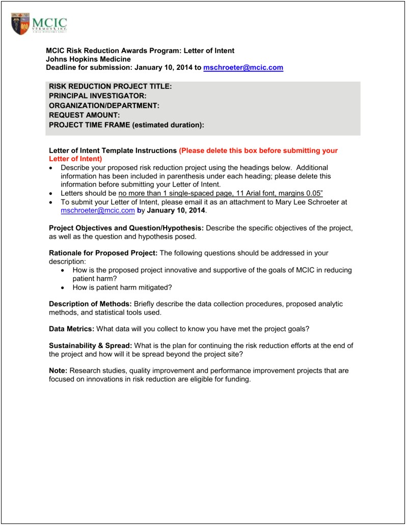 Robert Wood Johnson Foundation Letter Of Intent Template