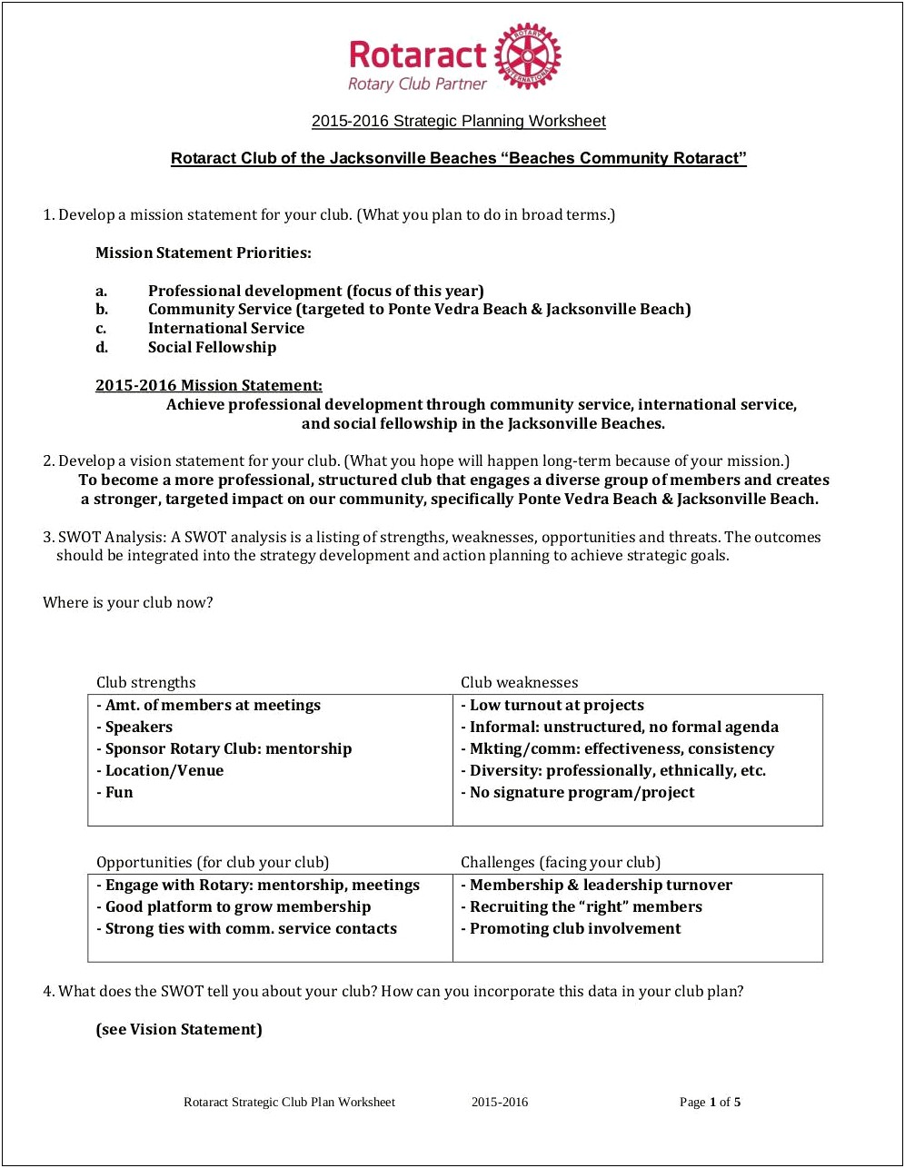 Rotary International Strategic Plan Template For Club 2019