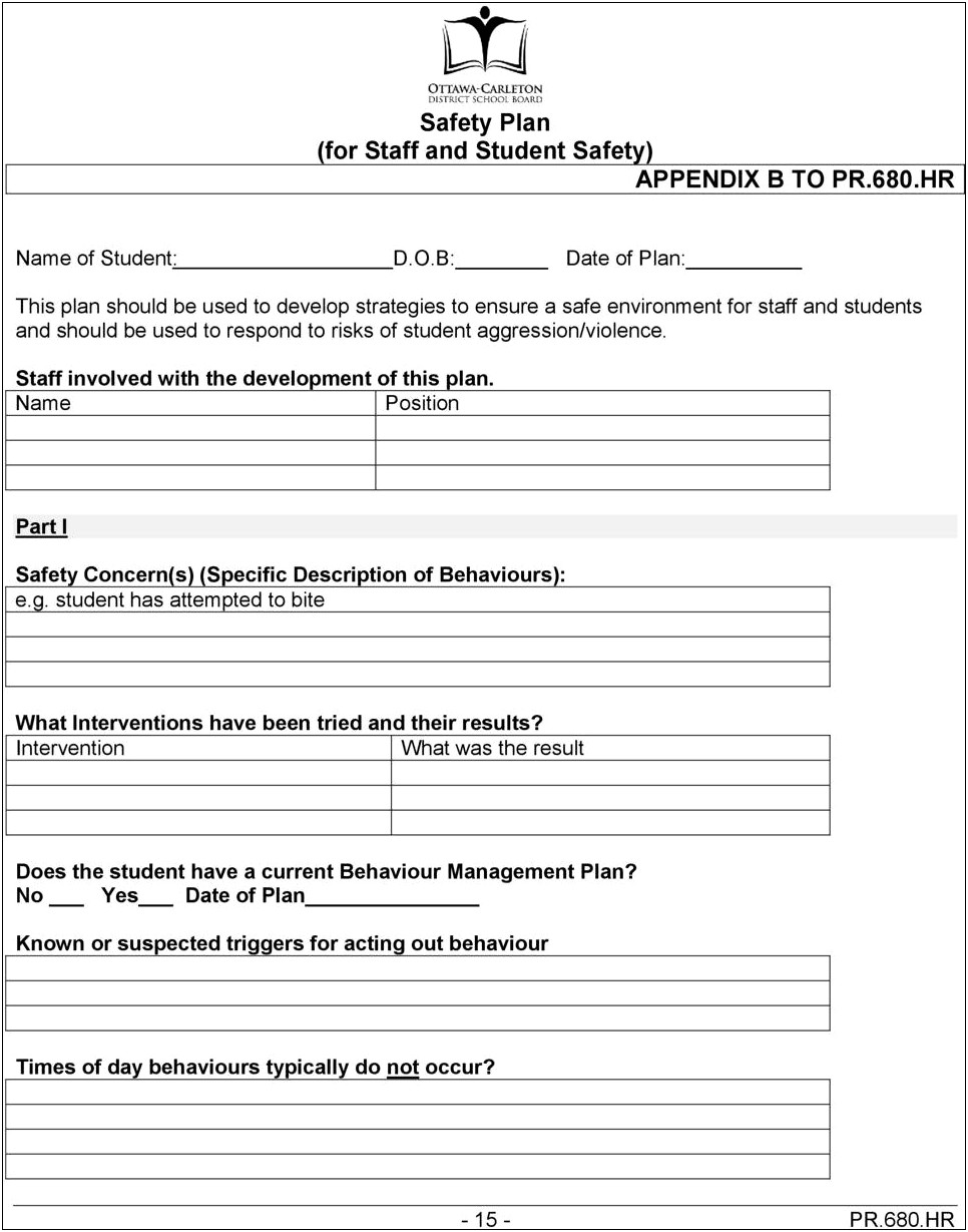 Safety Plan For Aggressive Behavior Template