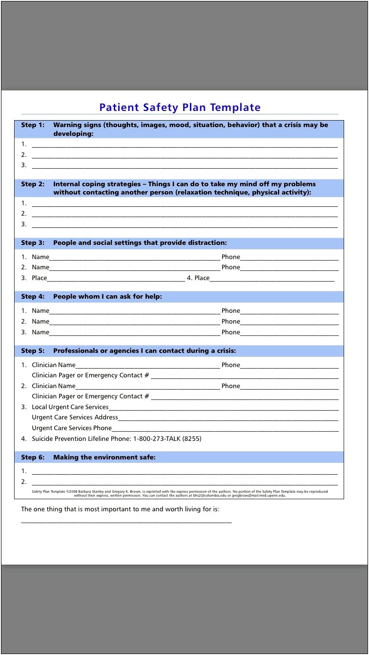 Safety Plan Template For Students Mental Health Crisis