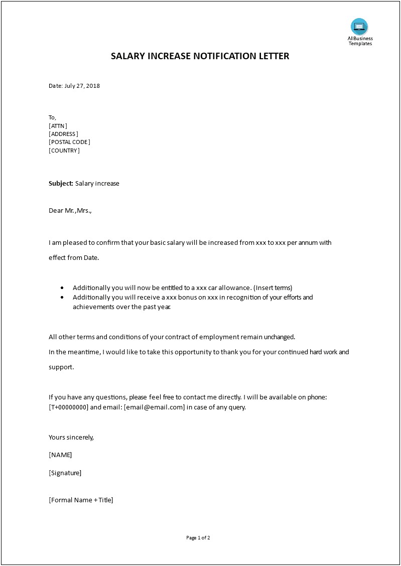 Salary Increase Letter Template From Employer To Employee