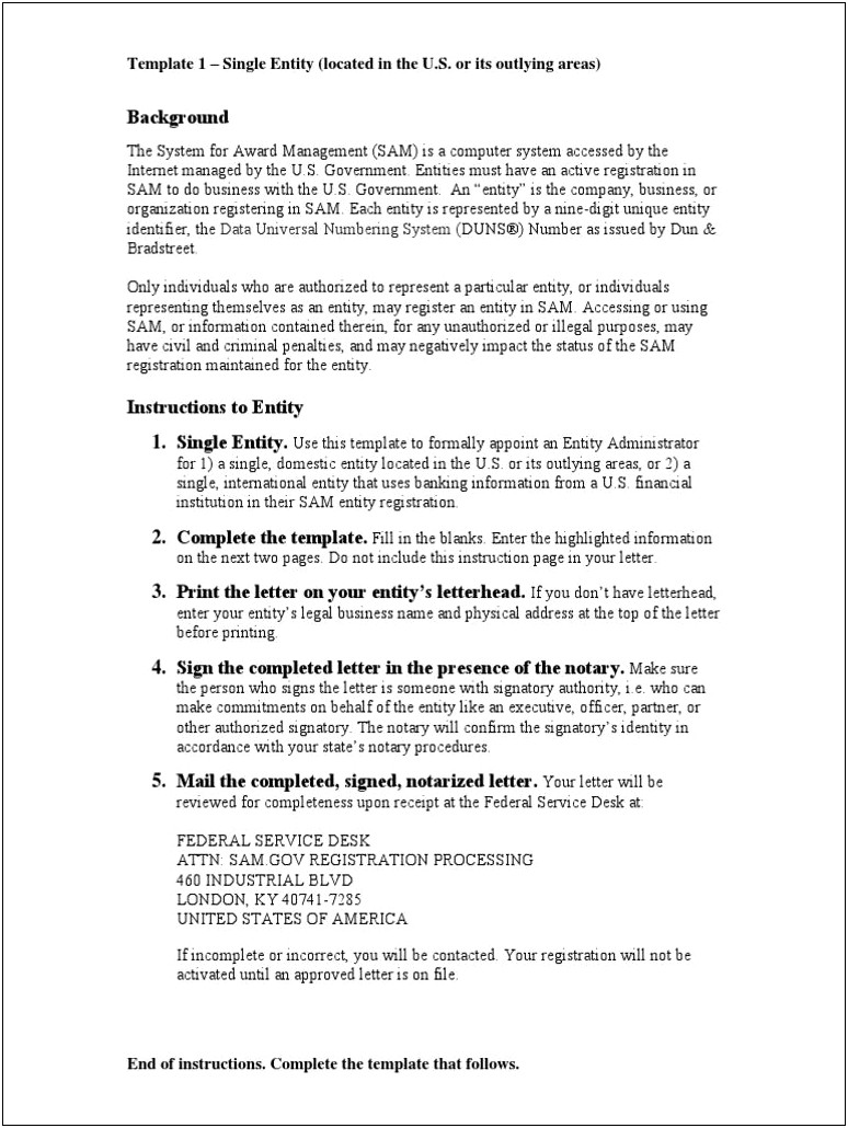 Sam Entity Administrator Access Notarized Letter Template