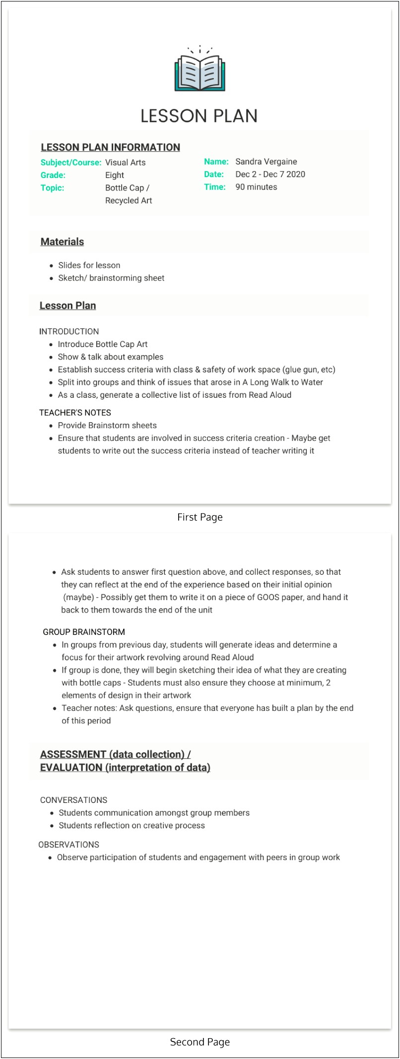 Sample 1st Grade Lesson Plan Template