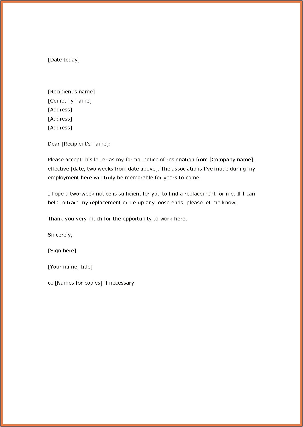 Sample 2 Week Resignation Letter Template