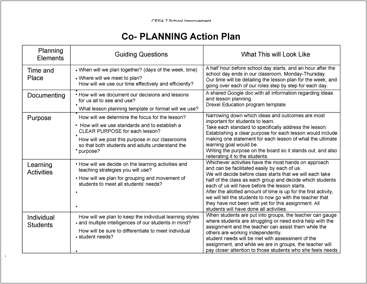 Sample Action Plan For Elementary Teachers Template