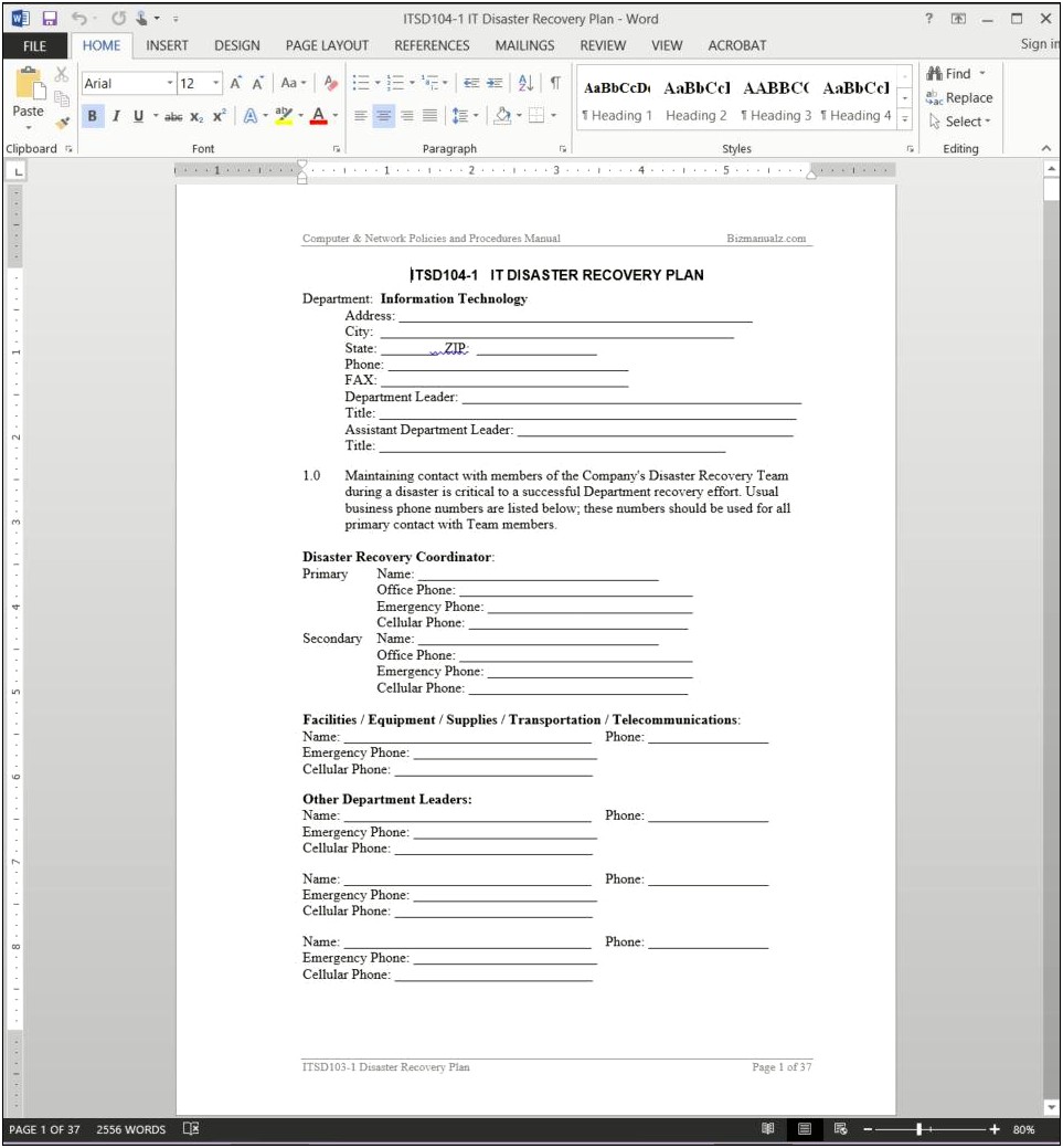 Sample Business Disaster Recovery Plan Template