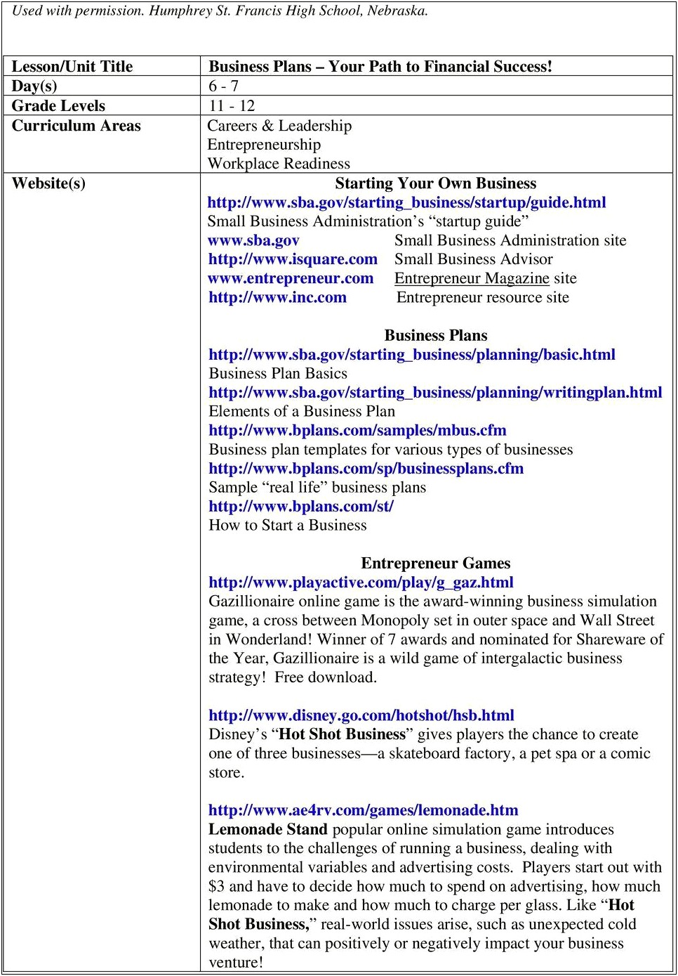 Sample Business Plan Template For High School Students