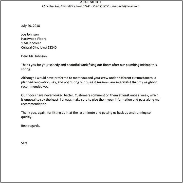 Sample Business Thank You Letter Template