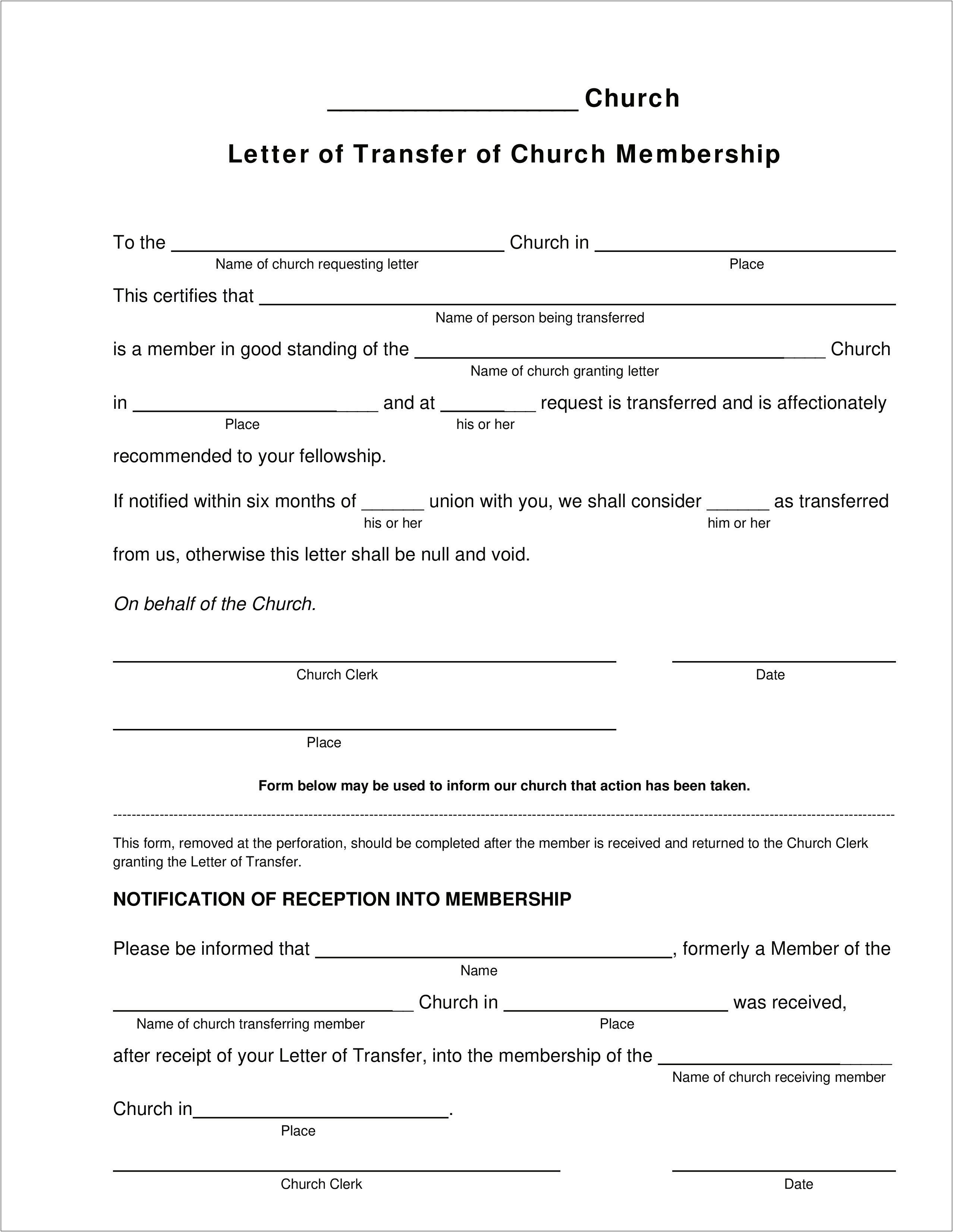 Sample Church Membership Transfer Letter Template