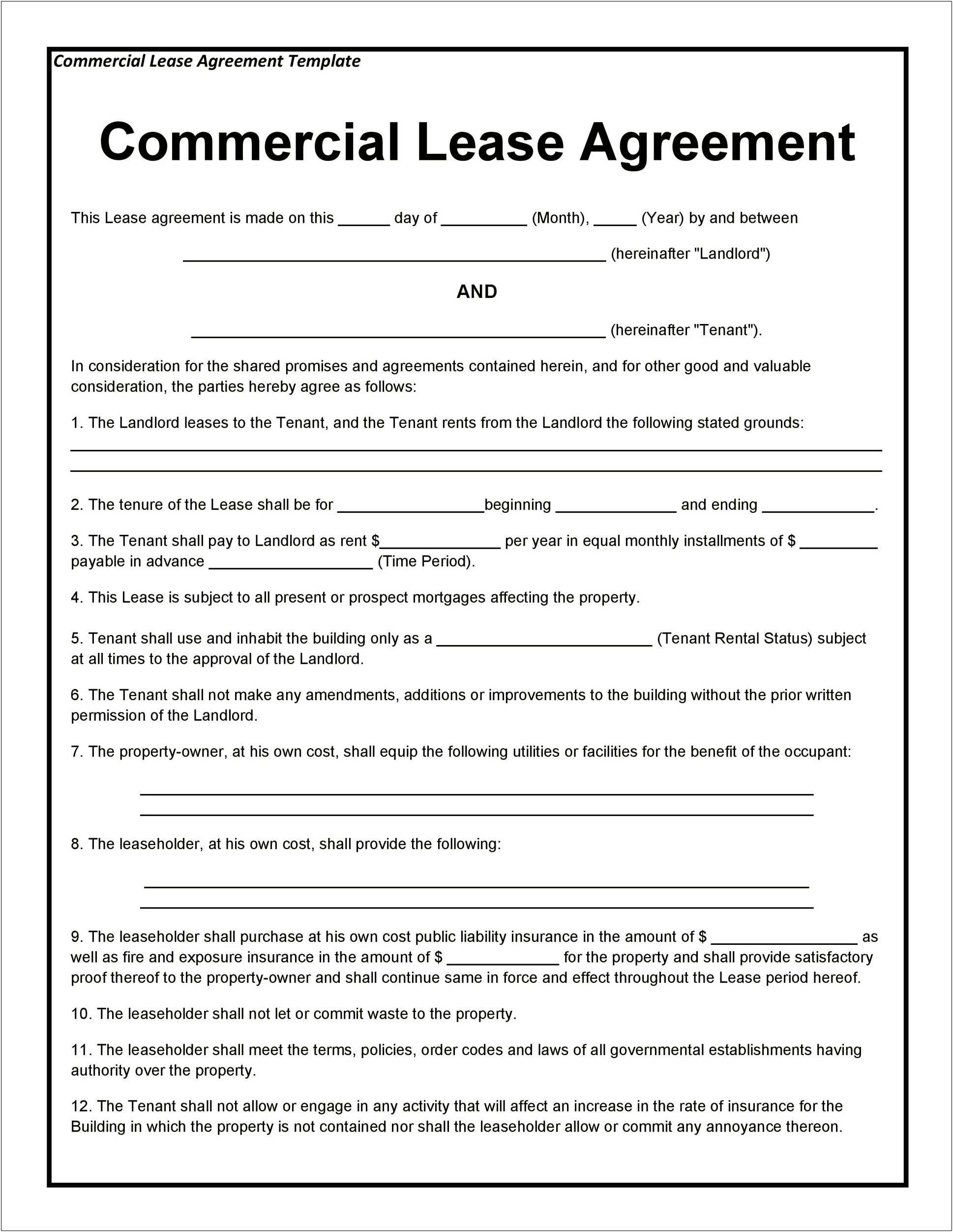 Sample Commercial Lease Agreement Template Word Utah