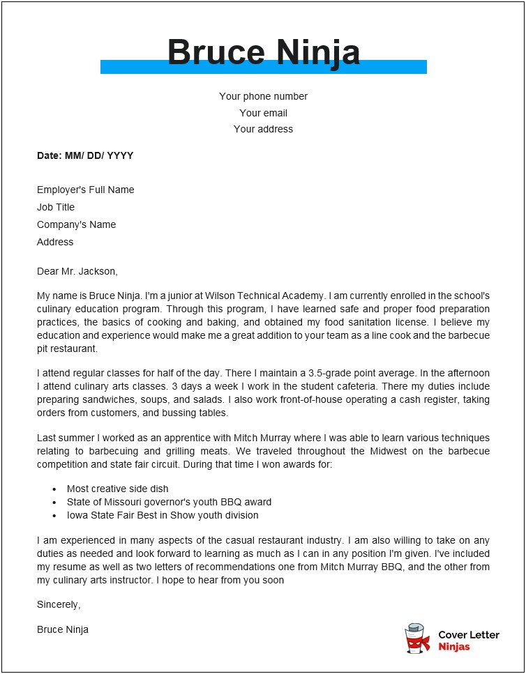 Sample Cover Letter Template For High School Students