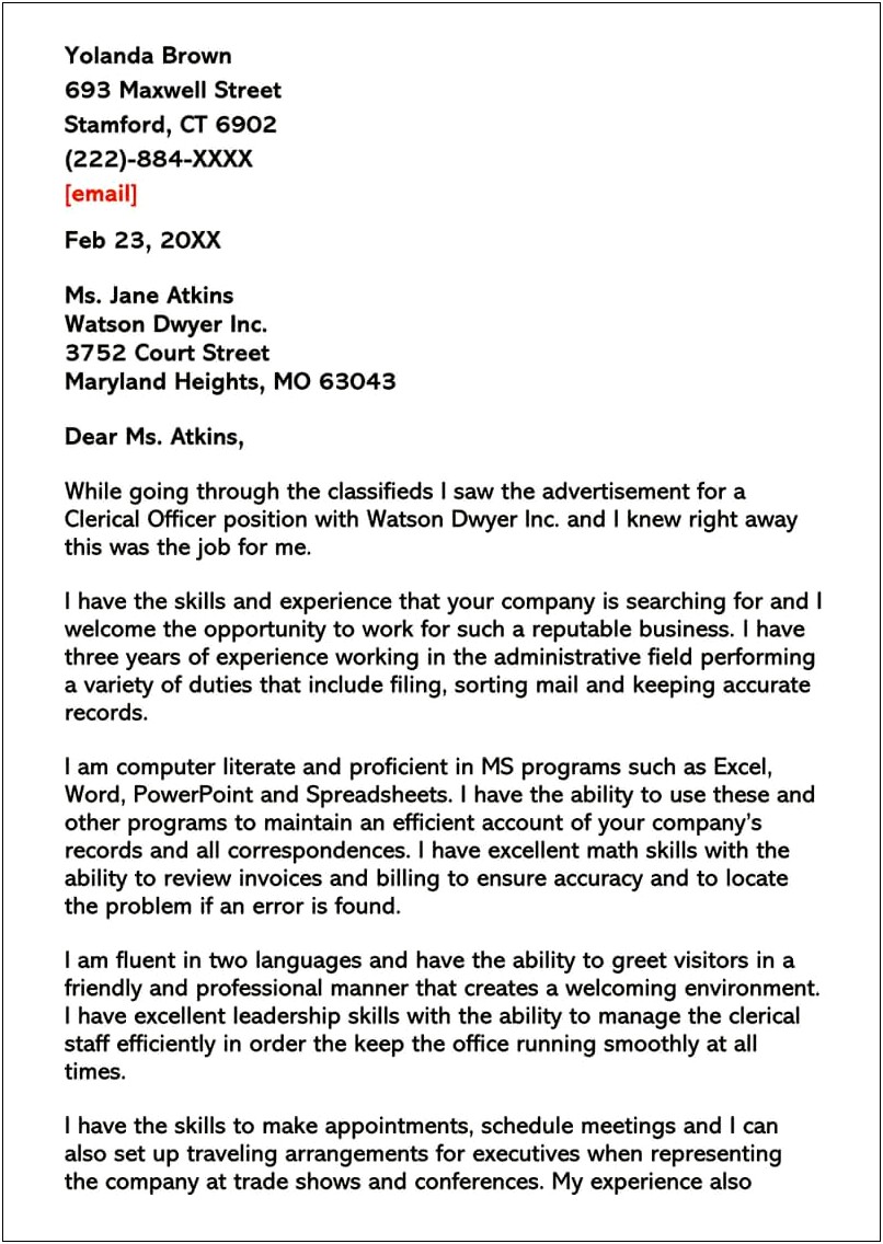 Sample Cover Letter Template General Clerical