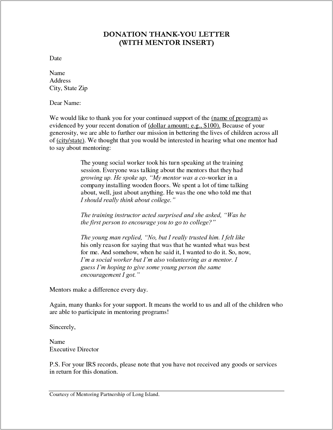 Sample Inkind Thank You Letter Template