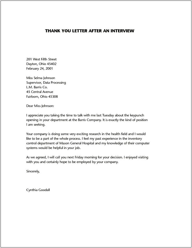 Sample Interview Thank You Letter Template