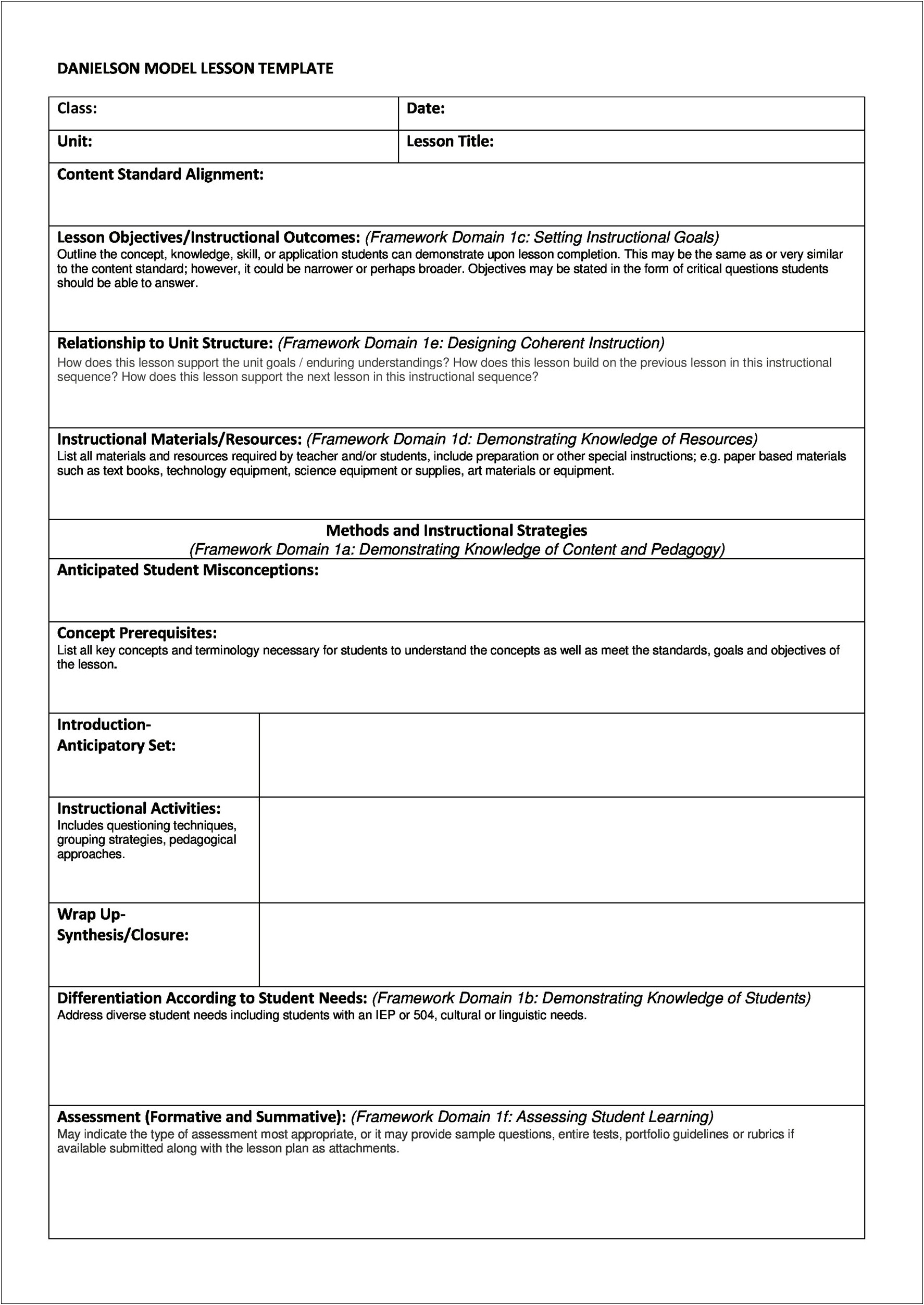 Sample Lesson Plan Template For Common Core Standards