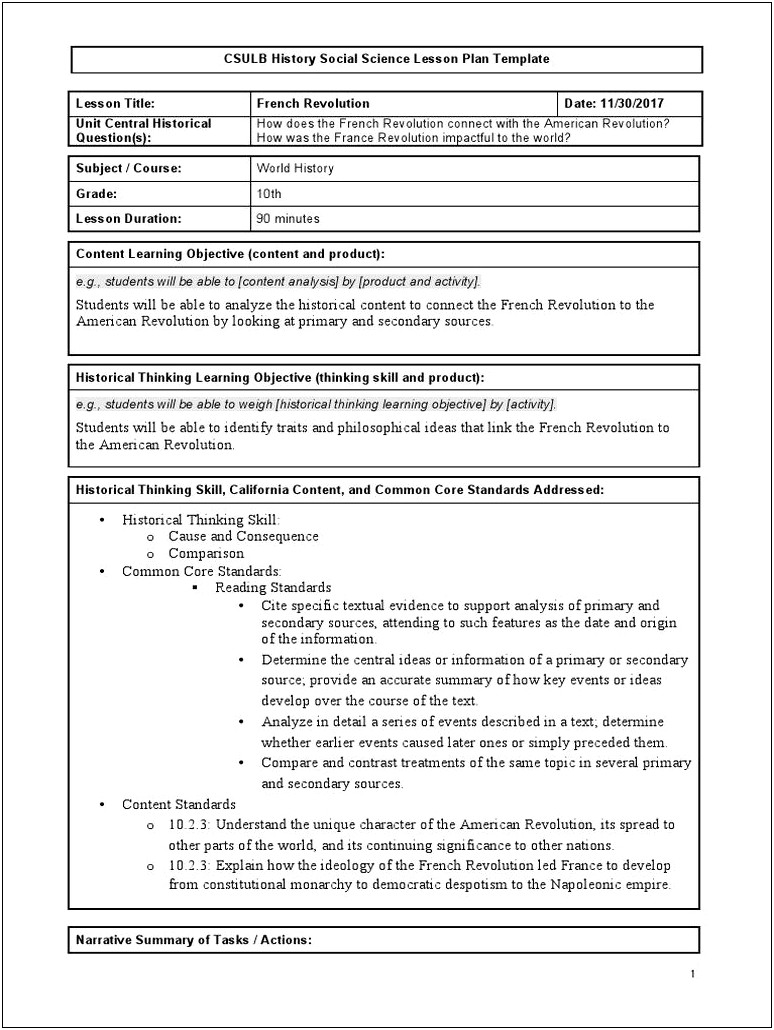 Sample Lesson Plan Template Including Common Core Standards