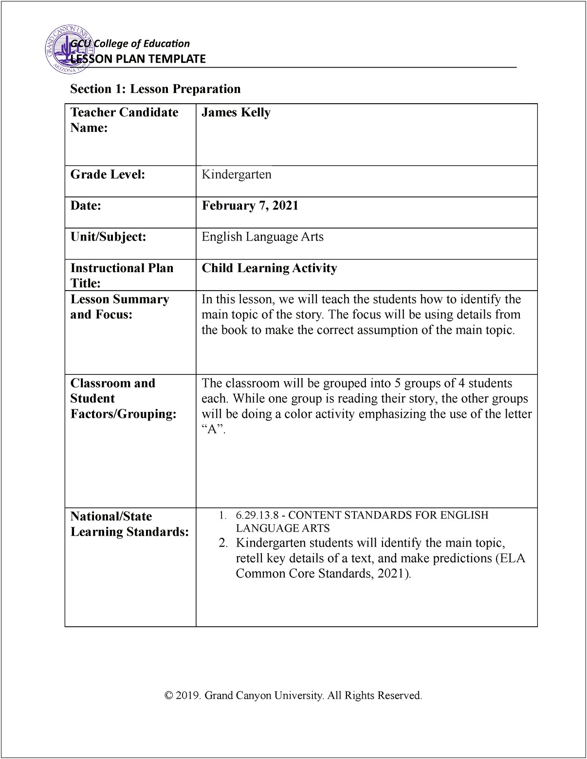 Sample Lesson Plan Template On Procedures For Kindergarten