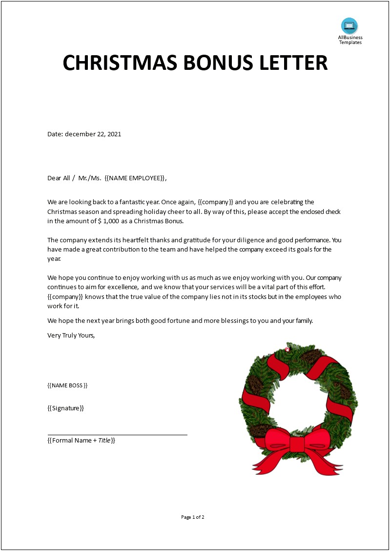 Sample Letter For Bonus To Employee Template