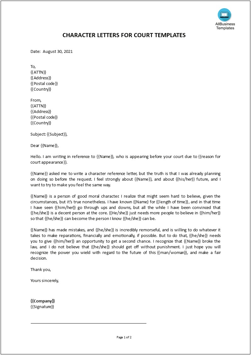 Sample Letter For Court Hearing Template